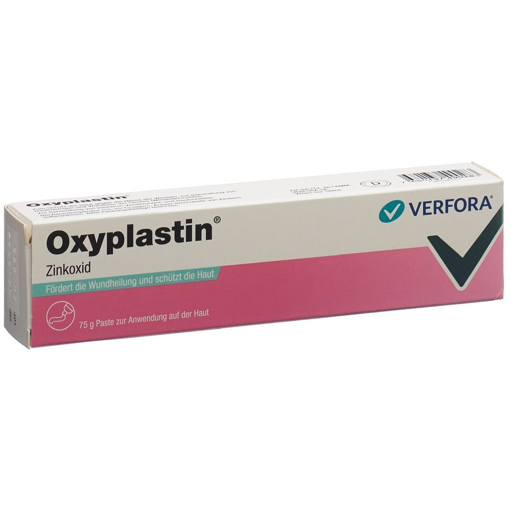 Oxyplastin-Tube. Weiße Schachtel mit rosa Streifen. Aufschrift: Zinkoxid, fördert die Wundheilung. Logo: Verfora.