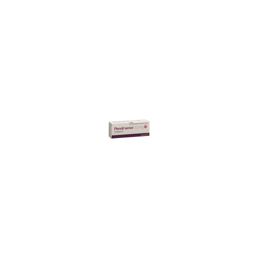 Boîte de médicaments "Plendil senior Ret Tabl". Emballage blanc avec des accents violets et rouges. Texte visible.