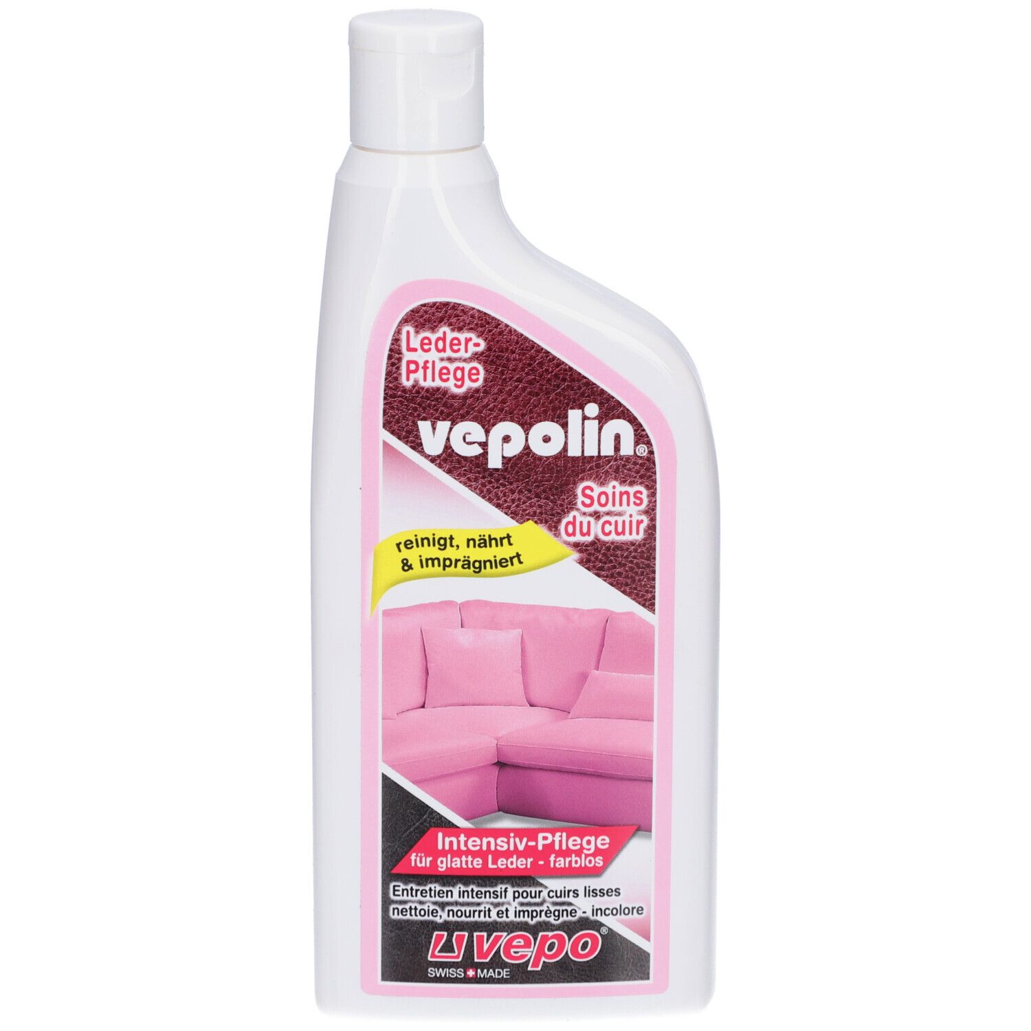 Weiße Flasche mit rosa Etikett. Text: Leder-Pflege, Vepolin, reinigt, nährt & imprägniert. Abbildung eines pinken Sofas. Swiss Made.