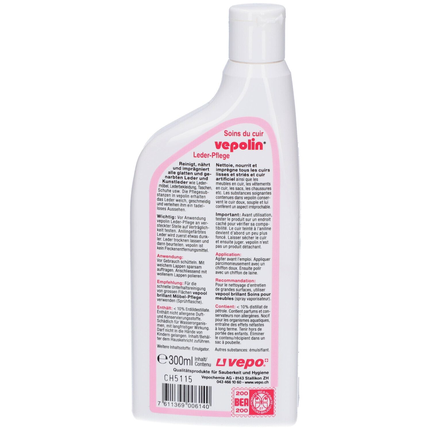 Rückseite der weißen Flasche. Text: Leder-Pflege, Vepolin, Soins du cuir. Anwendungshinweise. Swiss Made. 300ml. Livepo Logo.