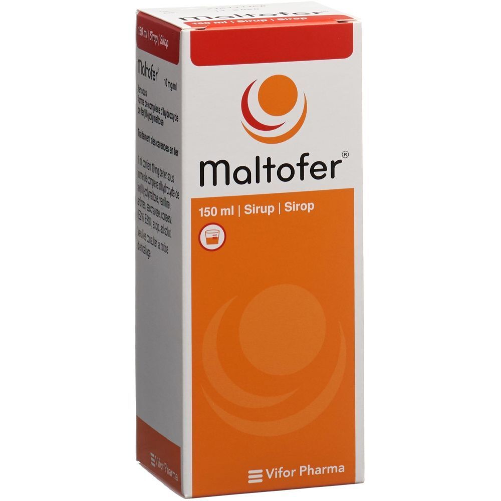 Verpackung von Maltofer Sirup. Weiß, orange und rot. Schriftzug Maltofer, 150 ml Sirup. Logo und Vifor Pharma.