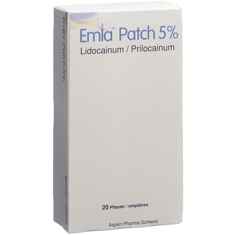 Kartonverpackung mit Produktbezeichnung und Aufschrift. Graue Verpackung mit blauer Schrift. EMLA Patch Pfl 20 Stk.