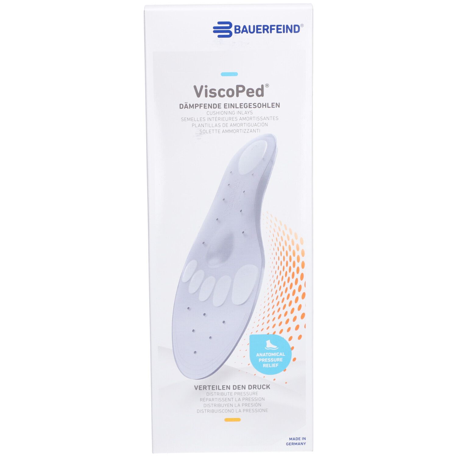 Semelle intérieure Viscoped® Bauerfeind dans son emballage. Semelle grise avec découpes. Texte bleu: ViscoPed, semelles amortissantes.