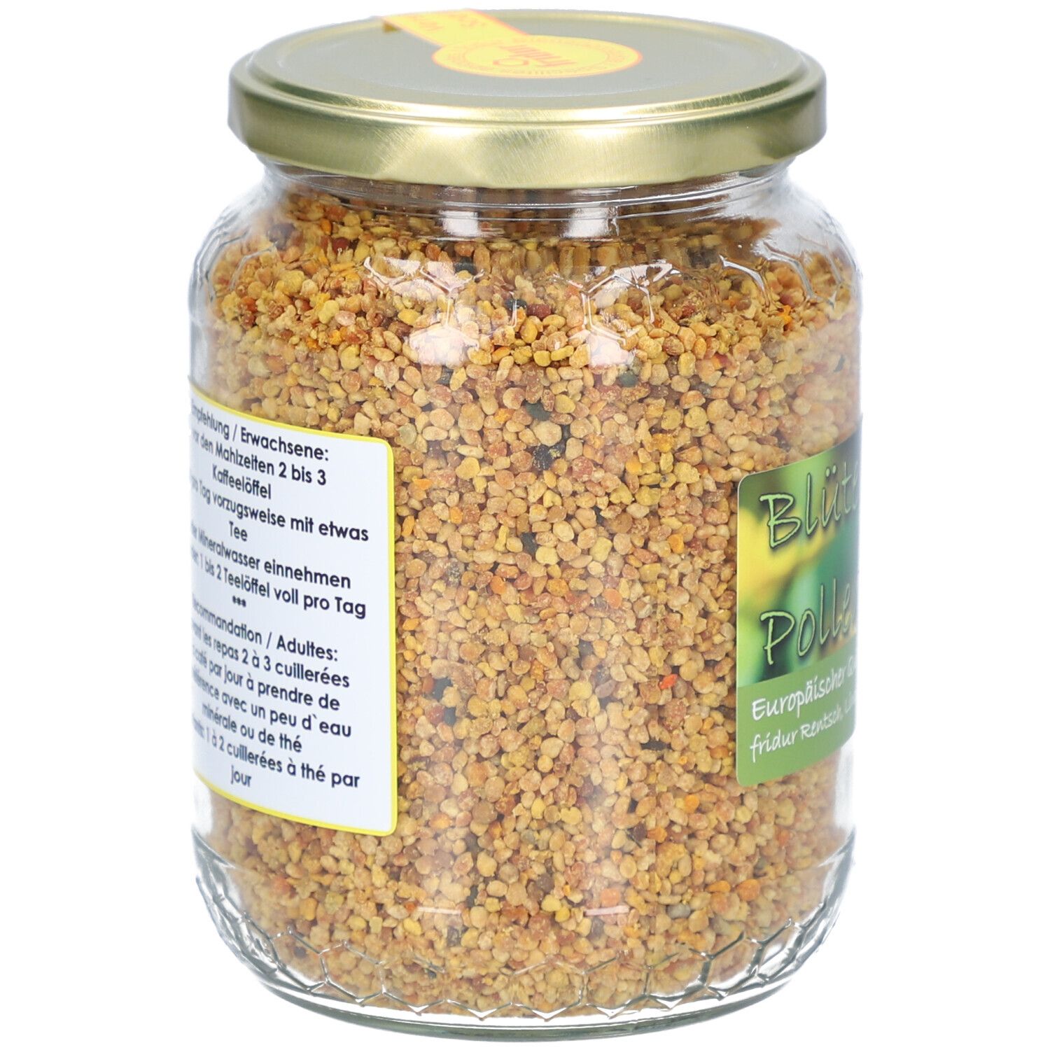 Glas mit Blütenpollen. Rückseite mit Text. Gelber Deckel. Inhalt sichtbar.