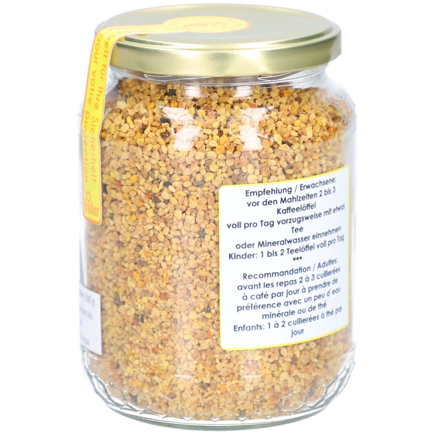 Glas mit Blütenpollen. Rückseite mit Text. Gelber Deckel. Inhalt sichtbar.