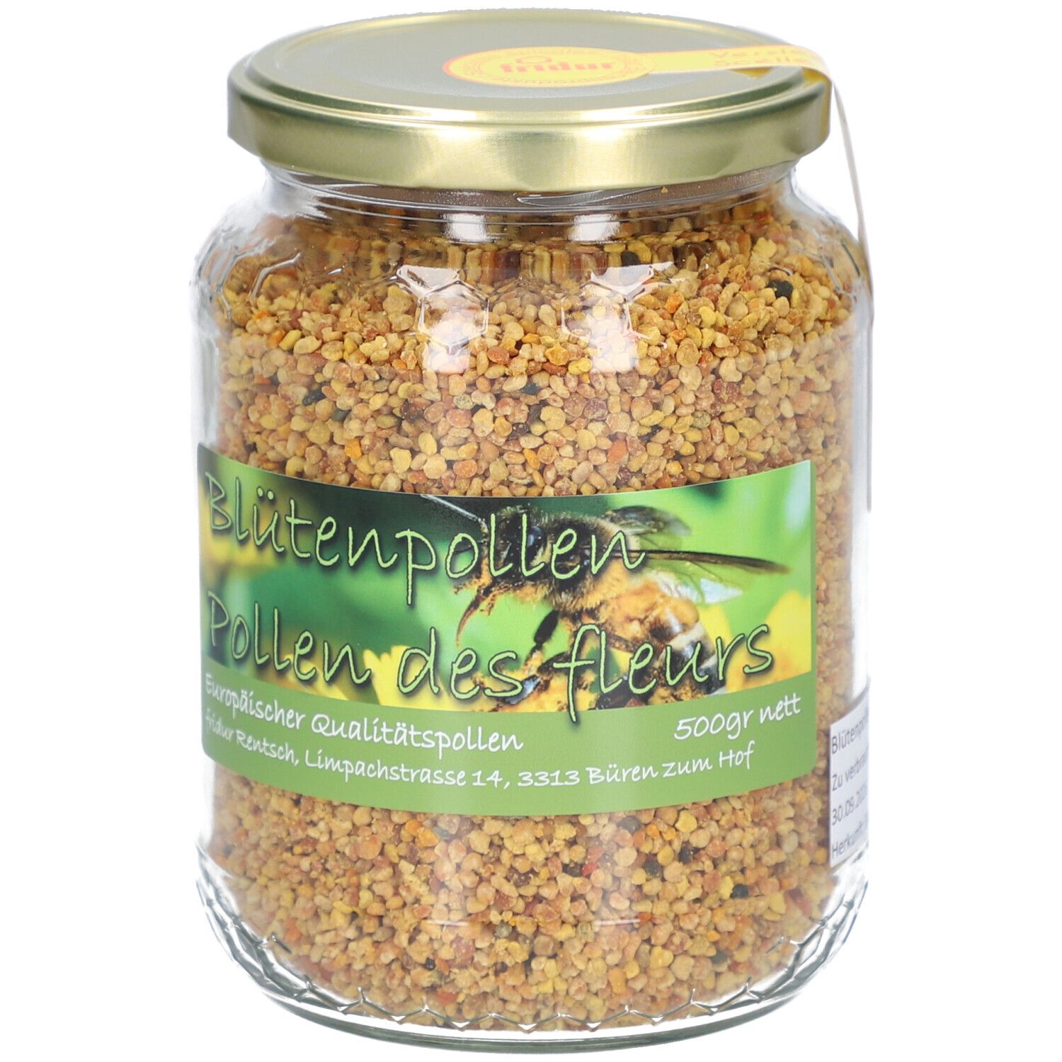 Glas mit Blütenpollen. Etikett mit Produktnamen und Logo. Gelber Deckel. Inhalt sichtbar.