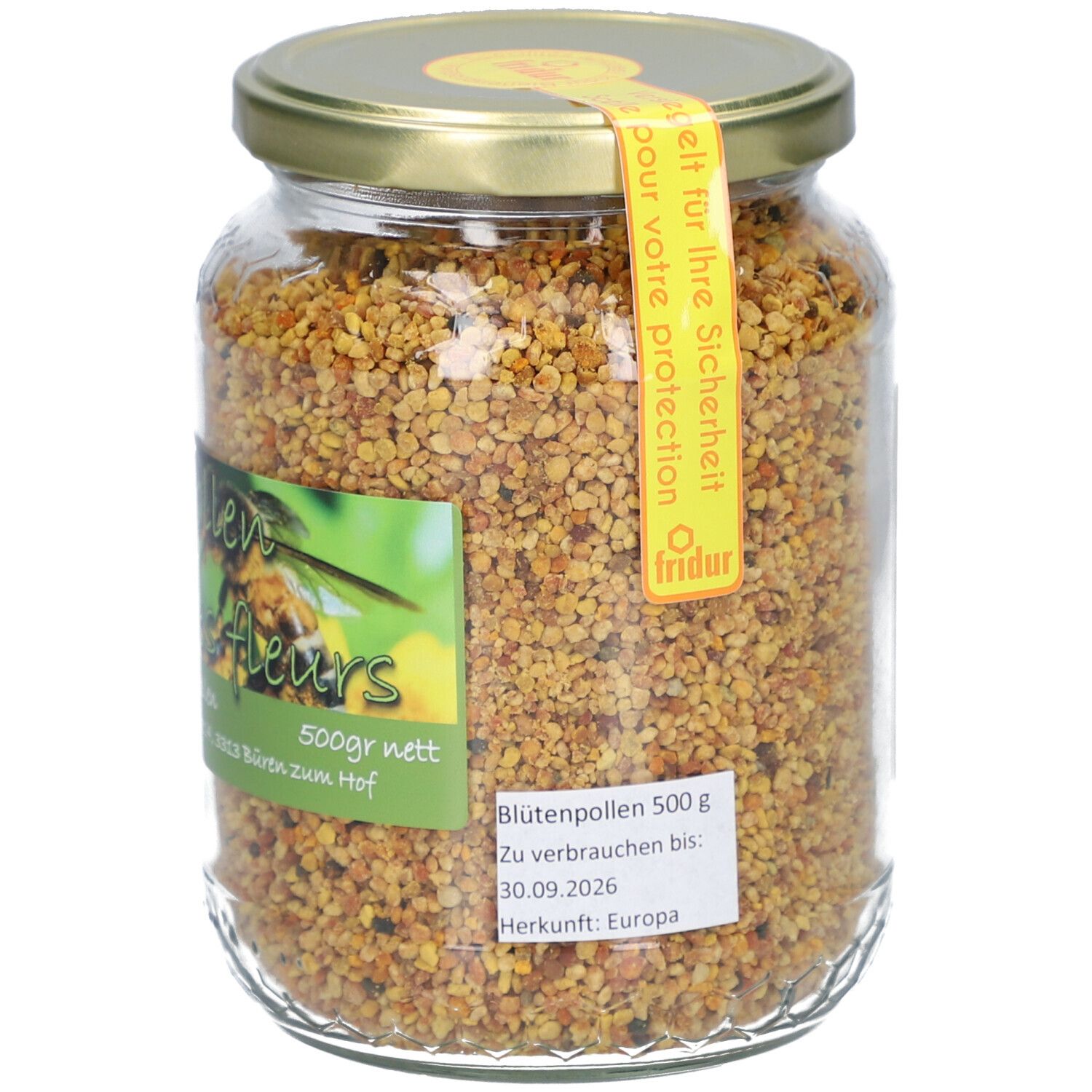 Glas mit Blütenpollen. Etikett mit Produktnamen, Gewicht und Haltbarkeitsdatum. Gelber Deckel.