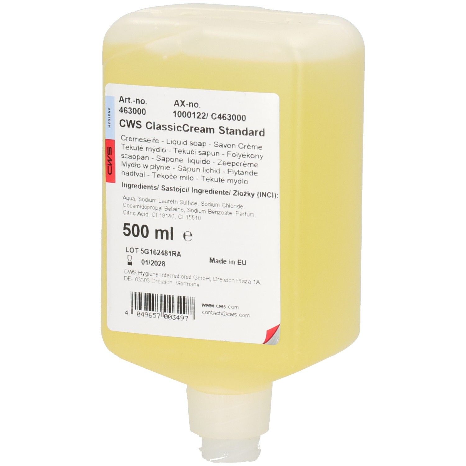Behälter mit gelblicher Flüssigseife. Aufschrift: CWS ClassicCream Standard. Enthält Informationen zu Inhaltsstoffen und Chargennummer.