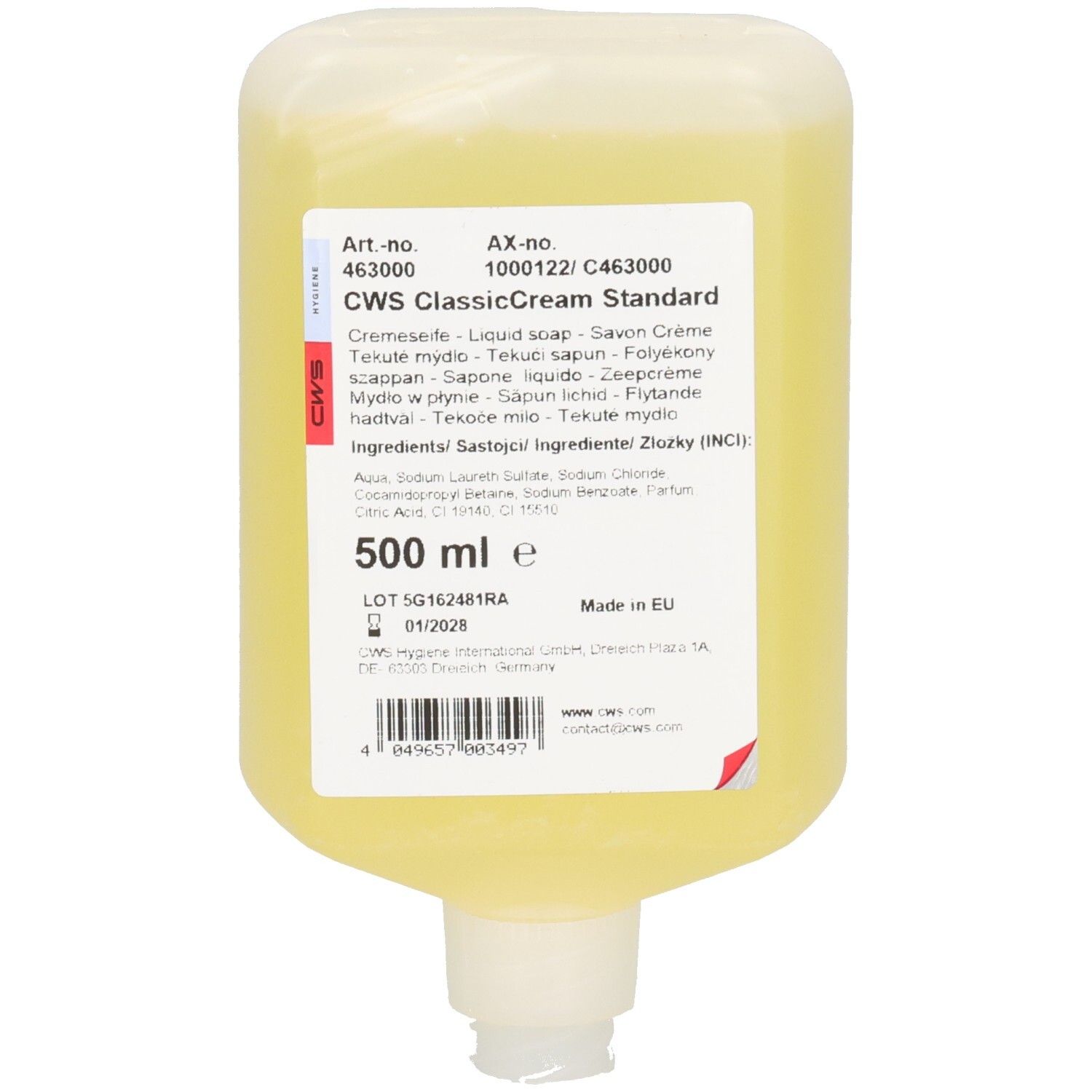 Behälter mit gelblicher Flüssigseife. Aufschrift: CWS ClassicCream Standard. Enthält Informationen zu Inhaltsstoffen und Chargennummer.