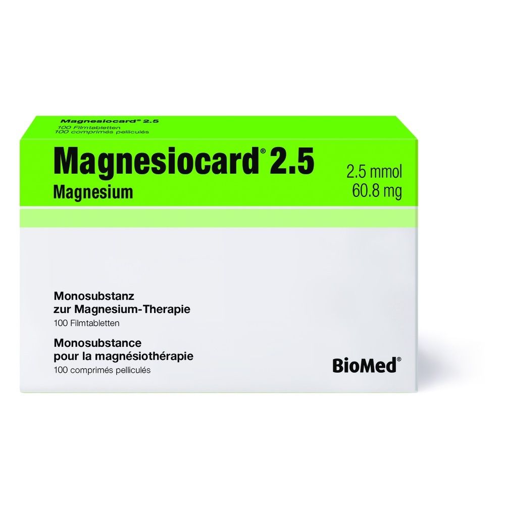Kartonverpackung von MAGNESIOCARD Filmtabl 2.5 mmol. Grün-weiße Farbgebung. Text: MAGNESIOCARD 2.5, weitere Informationen.