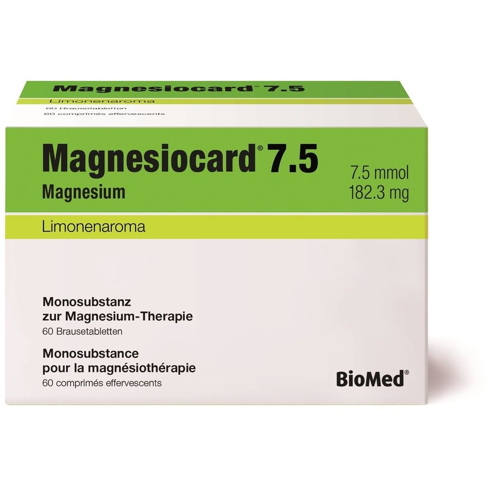 Karton mit Produktbezeichnung "Magnesiocard 7.5". Grün-weiße Verpackung. Schriftzug und Produktinformationen.