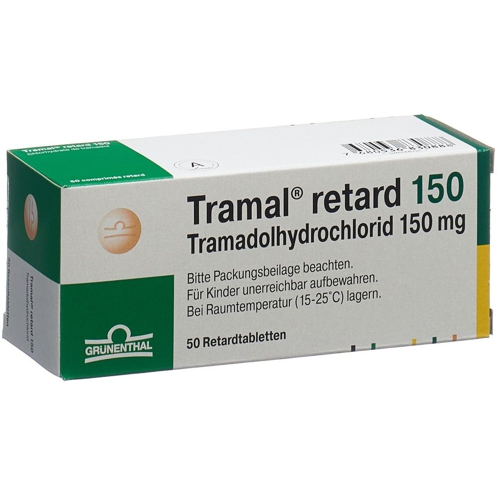Boîte de médicament. Inscription: Tramal retard 150 mg. Emballage vert et blanc.