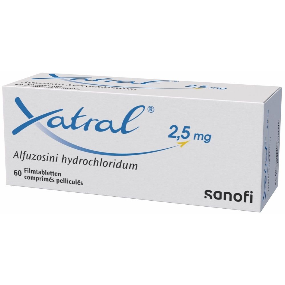 Karton mit der Aufschrift Xatral 2.5 mg. Weiße Verpackung mit blauer und grauer Schrift.