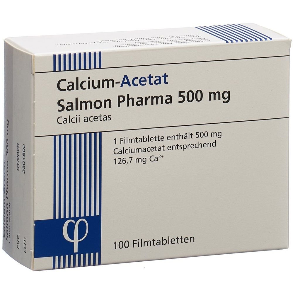 Karton mit der Aufschrift "Calcium Acetat Salmon Pharma 500 mg".
