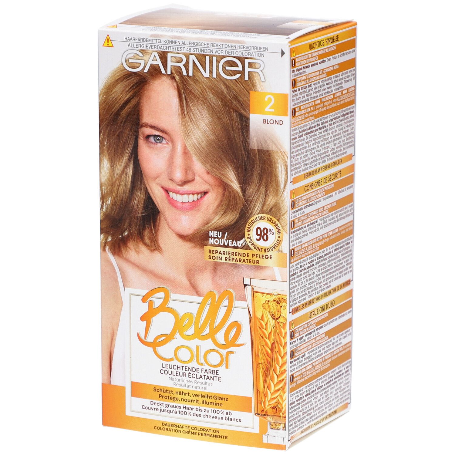 Boîte de coloration capillaire Garnier Belle Color, nuance 2 Blond. Femme blonde illustrée. Emballage avec informations produit.