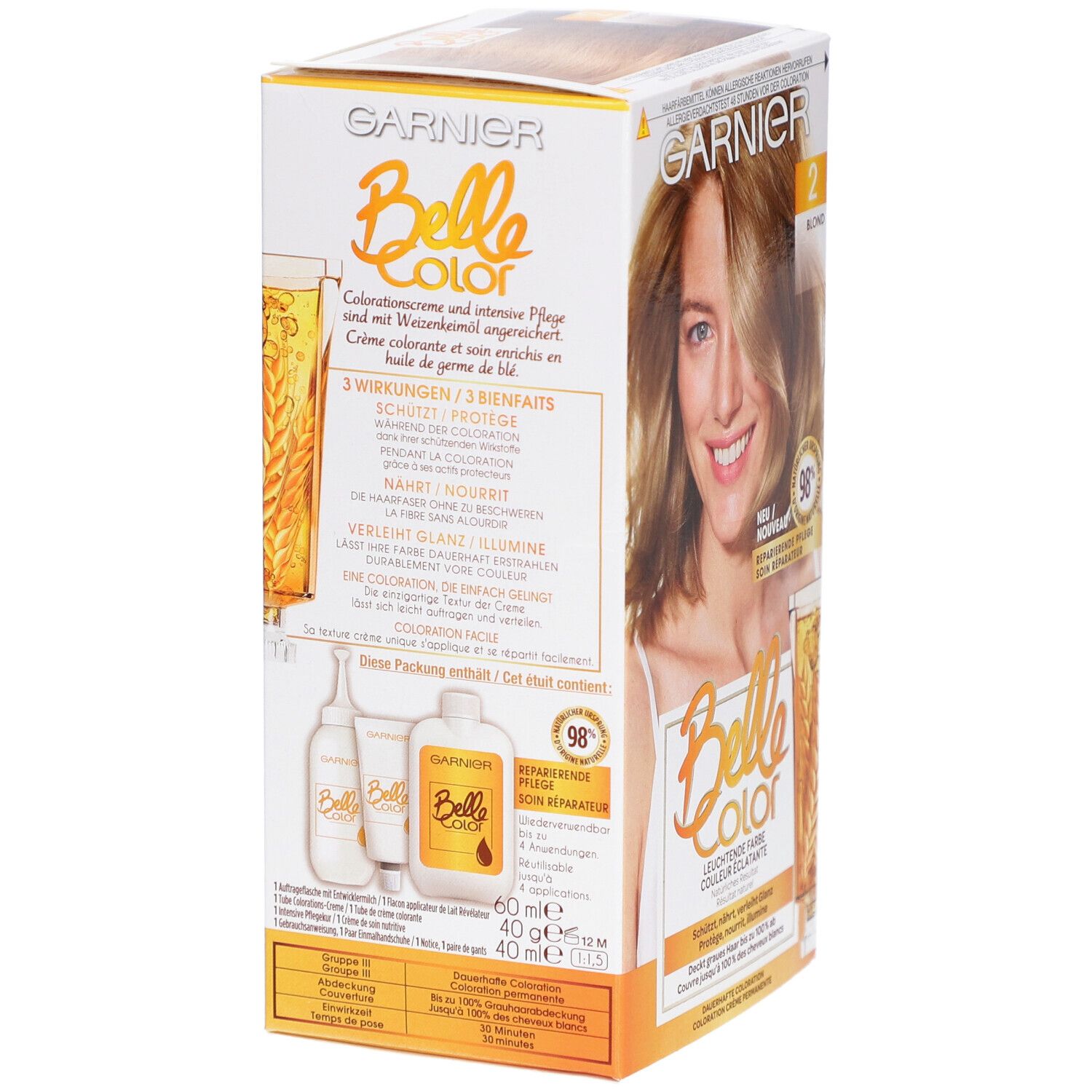 Dos de la boîte de coloration capillaire Garnier Belle Color. Informations produit, ingrédients et détails d'utilisation. Bouteilles illustrées.