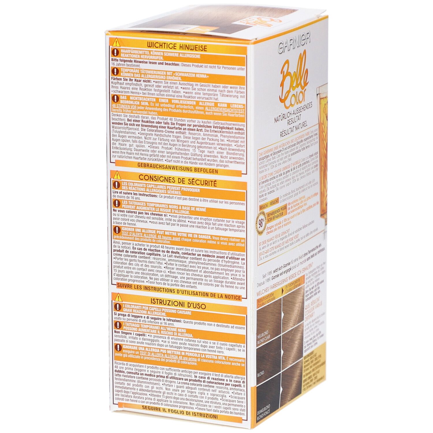 Côté de la boîte de coloration capillaire Garnier Belle Color. Avertissements, mode d'emploi et instructions d'utilisation. Échantillons de couleurs illustrés.