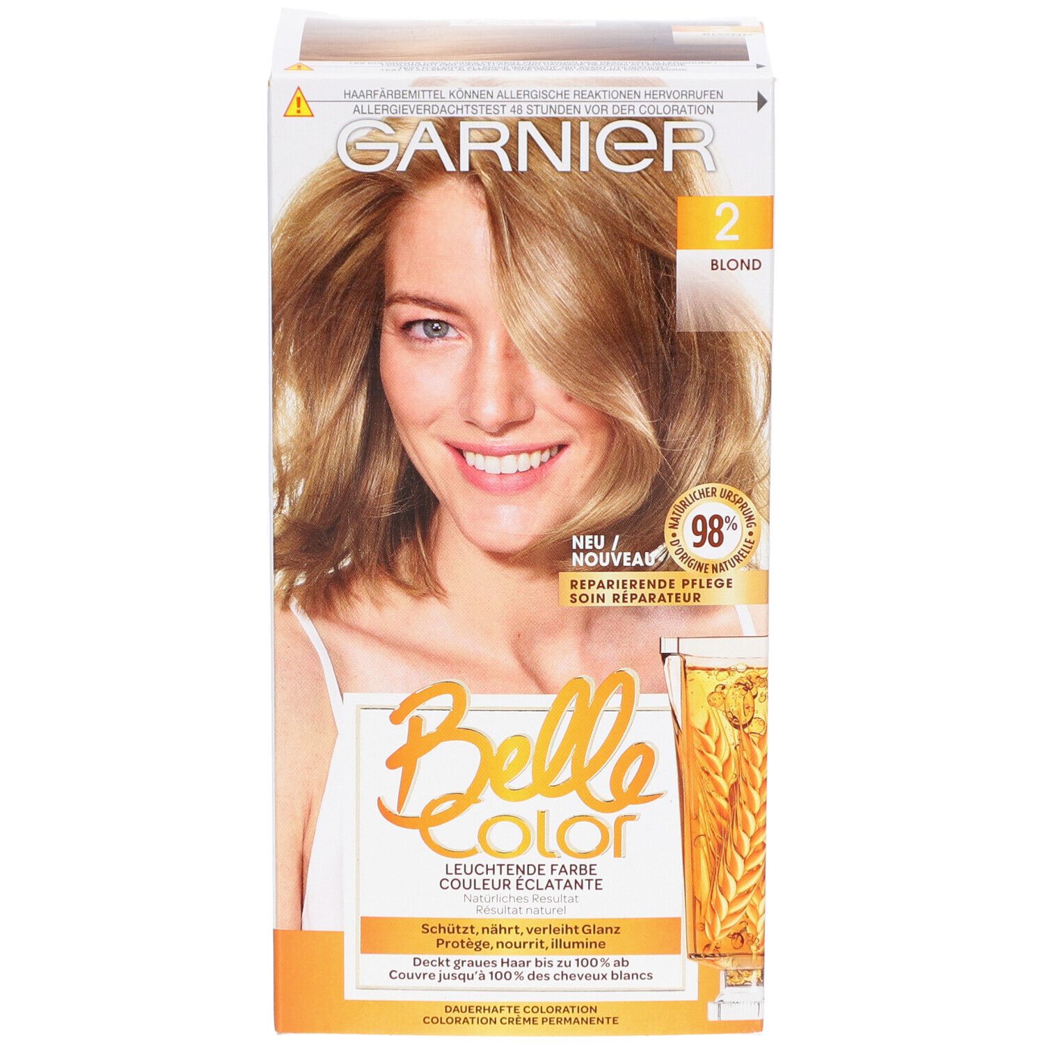 Boîte de coloration capillaire Garnier Belle Color, nuance 2 Blond. Femme blonde illustrée. Emballage avec informations produit.