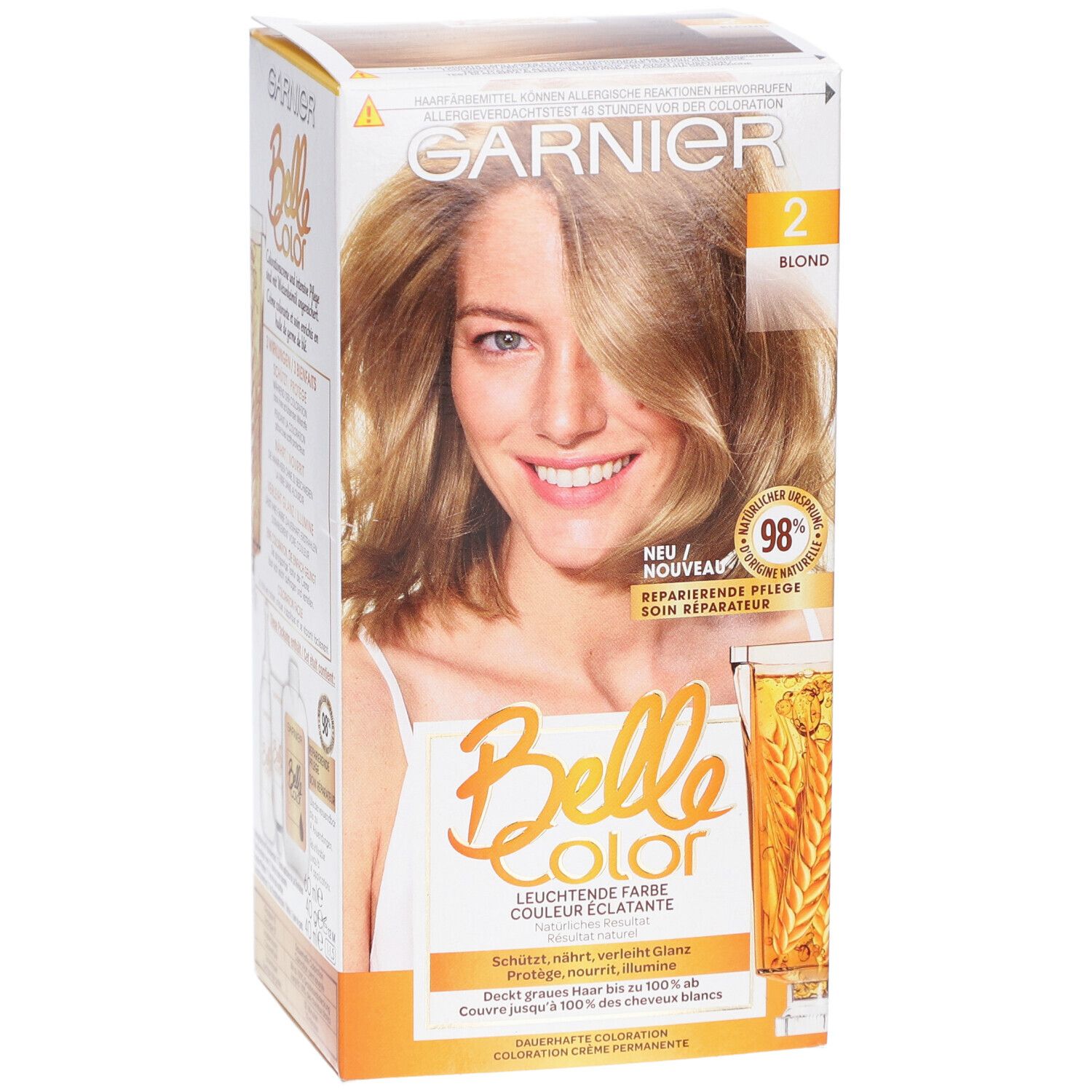 Boîte de coloration capillaire Garnier Belle Color, nuance 2 Blond. Femme blonde illustrée. Emballage avec informations produit.