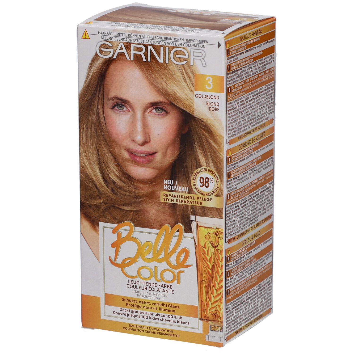 Garnier Belle Color-Packung. Frau mit honigblondem Haar. Aufschrift: 3 Goldblond. 98% reparierende Pflege.