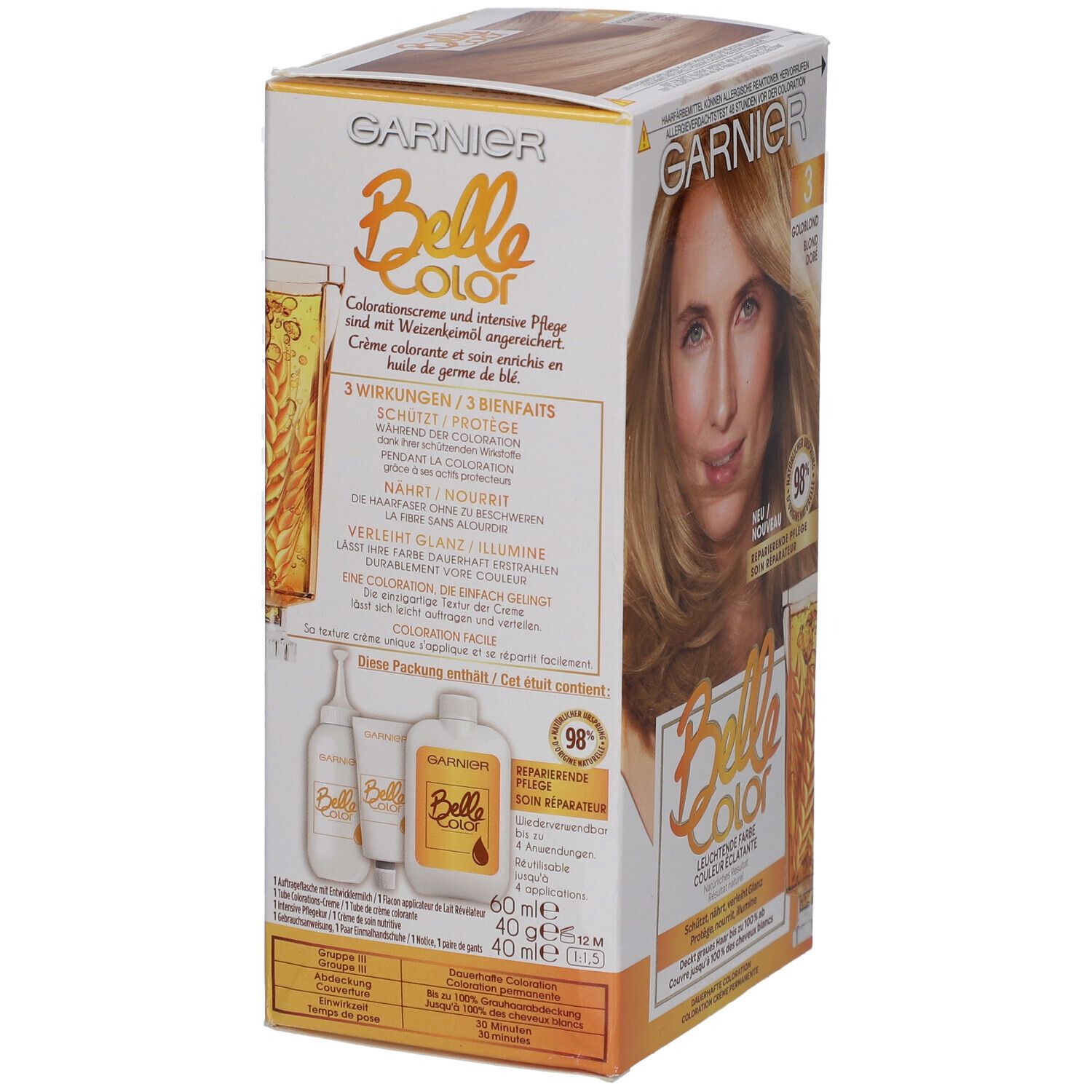 Garnier Belle Color-Packung. Rückseite mit Produktabbildung und Inhaltsstoffen. Enthält 3 Wirkungen und 98% reparierende Pflege.