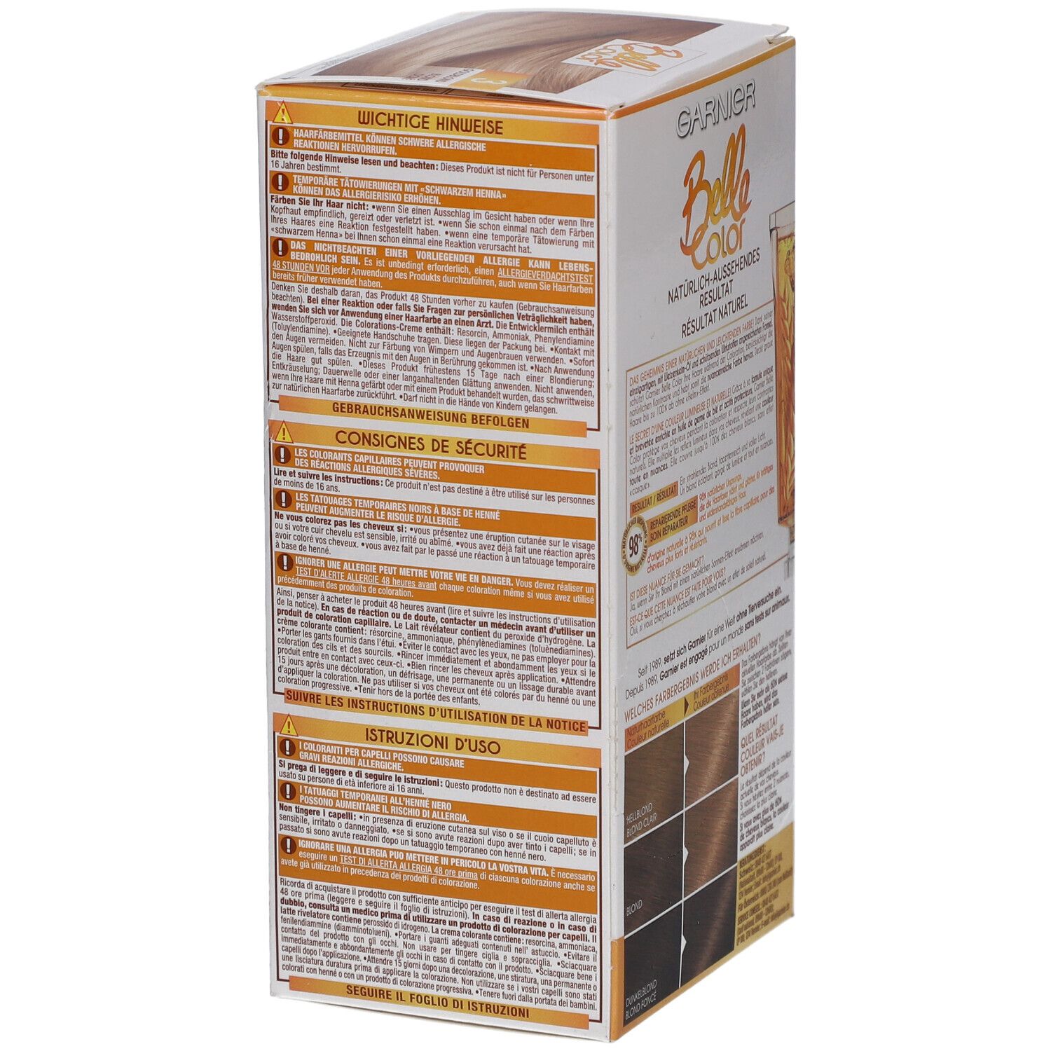 Garnier Belle Color-Packung. Seitenansicht mit Warnhinweisen und Gebrauchsanweisung. Farbbeispiele.