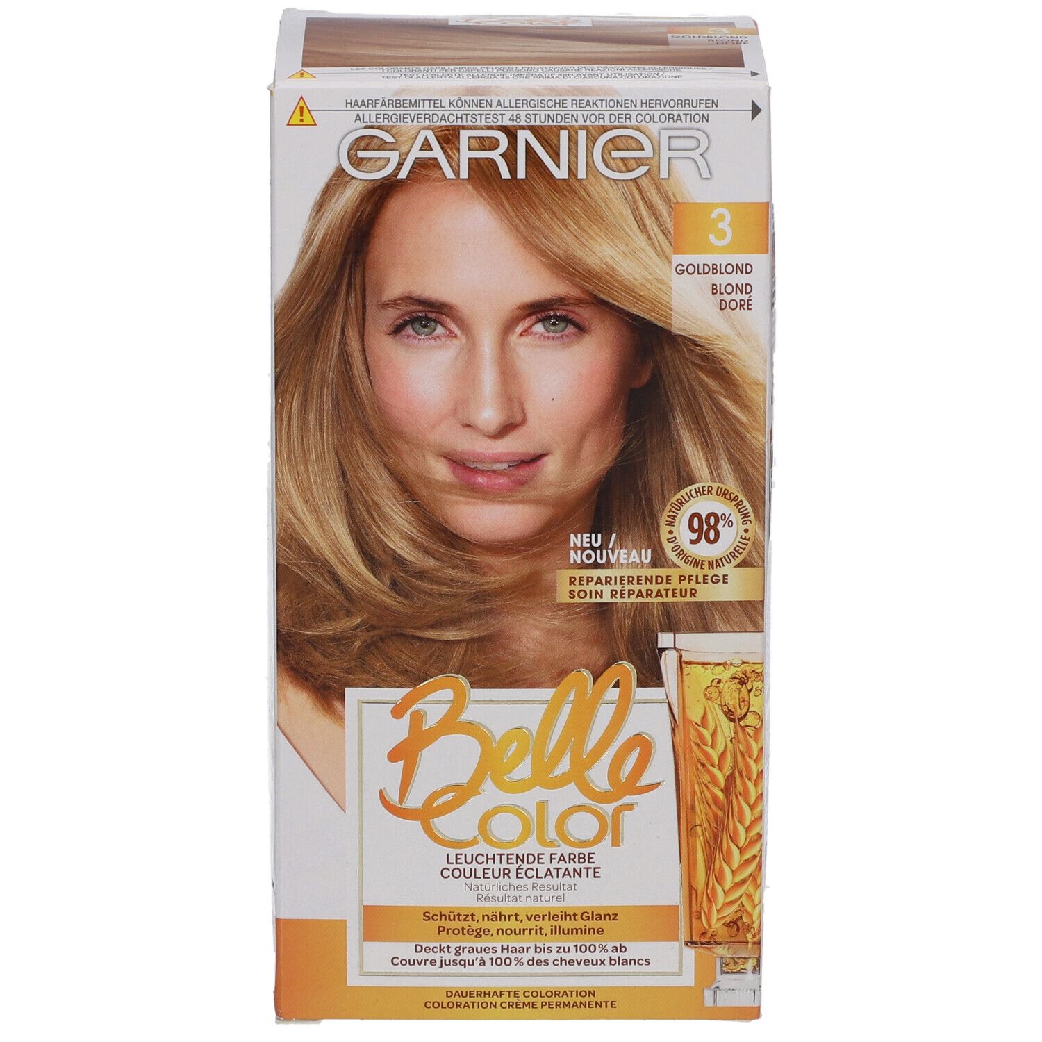 Garnier Belle Color-Packung. Vorderseite mit Frau mit honigblondem Haar. Aufschrift: 3 Goldblond. 98% reparierende Pflege.