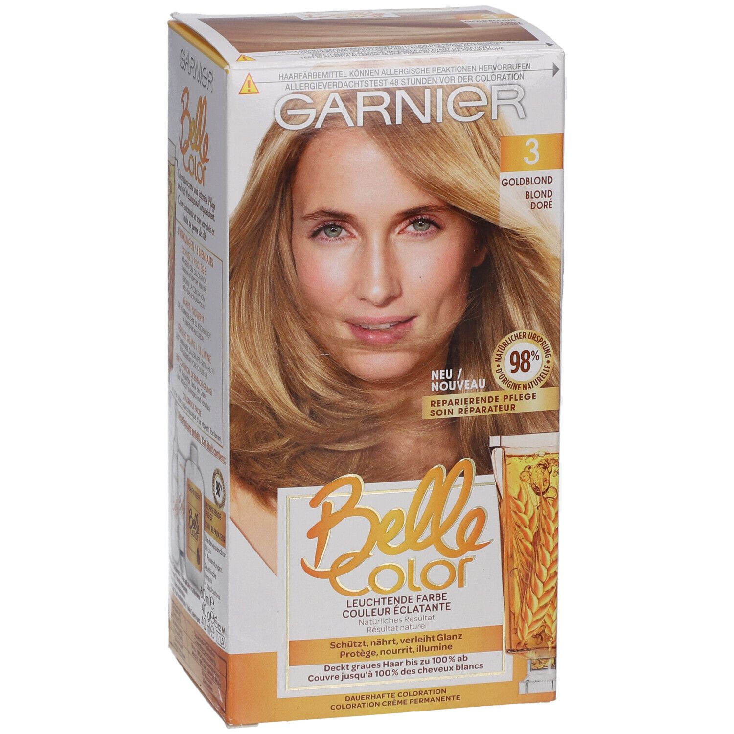 Garnier Belle Color-Packung. Vorderseite mit Frau mit honigblondem Haar. Aufschrift: 3 Goldblond. 98% reparierende Pflege.