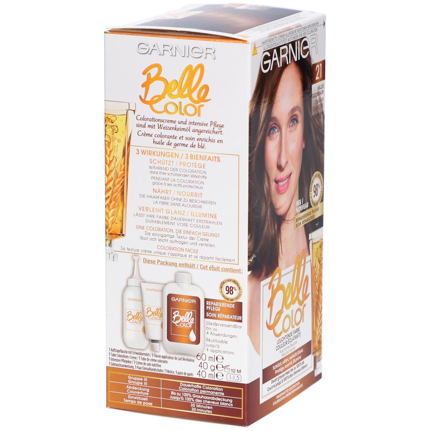 Boîte Garnier Belle Color. Contient crème colorante et soin. 3 effets: protège, nourrit, illumine. 60ml + 40ml.