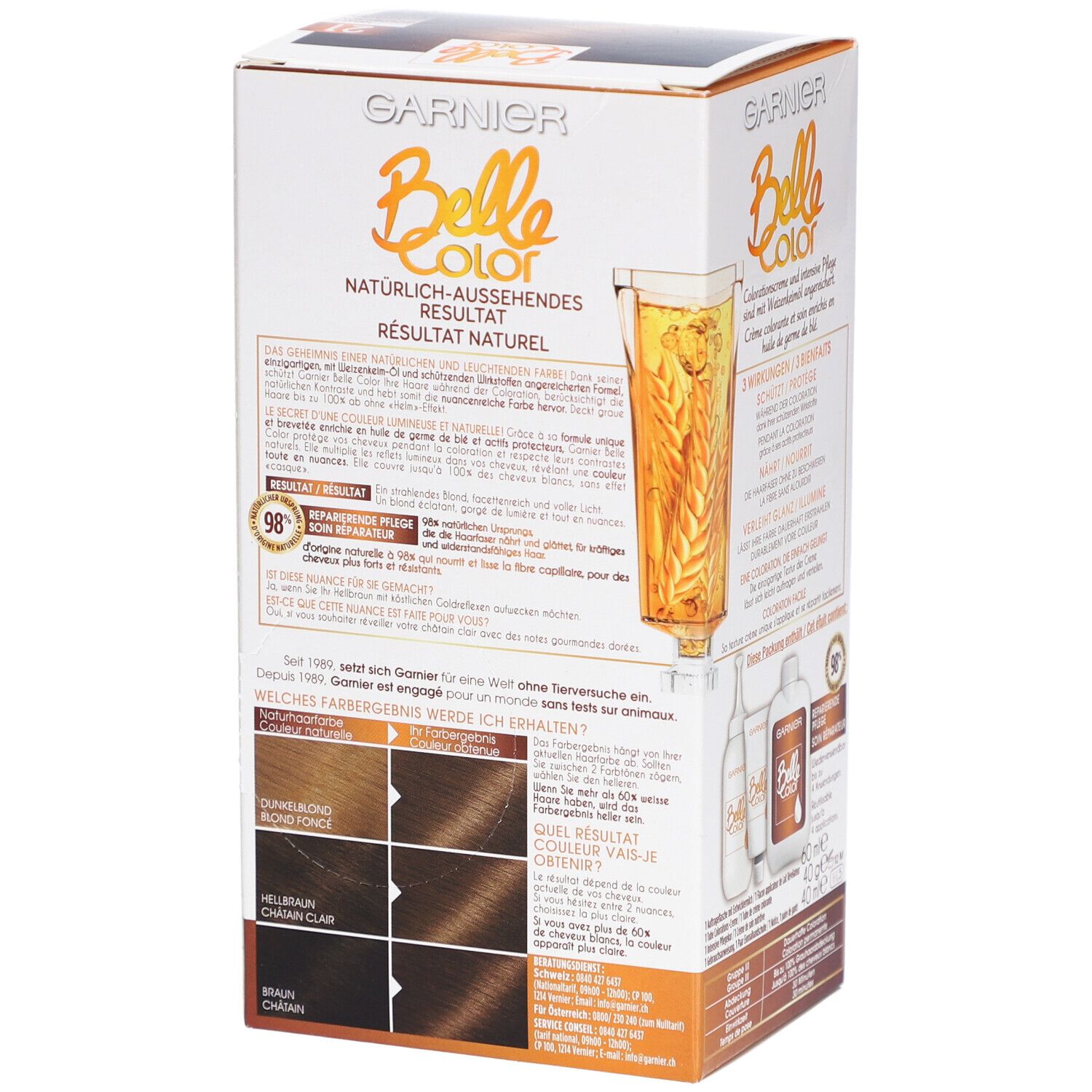 Boîte Garnier Belle Color. Résultat naturel. Exemples de couleurs: blond foncé, châtain clair, brun. Contient huiles.