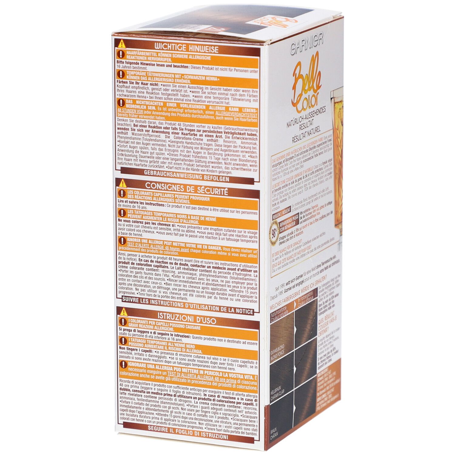 Boîte Garnier Belle Color. Consignes de sécurité, instructions d'utilisation, conseils importants.