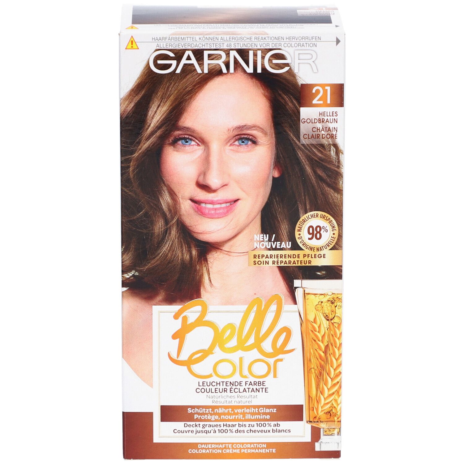 Boîte Garnier Belle Color, couleur N°21 Gold-Hellkastanienbraun. Femme aux cheveux bruns. Soin réparateur 98%.