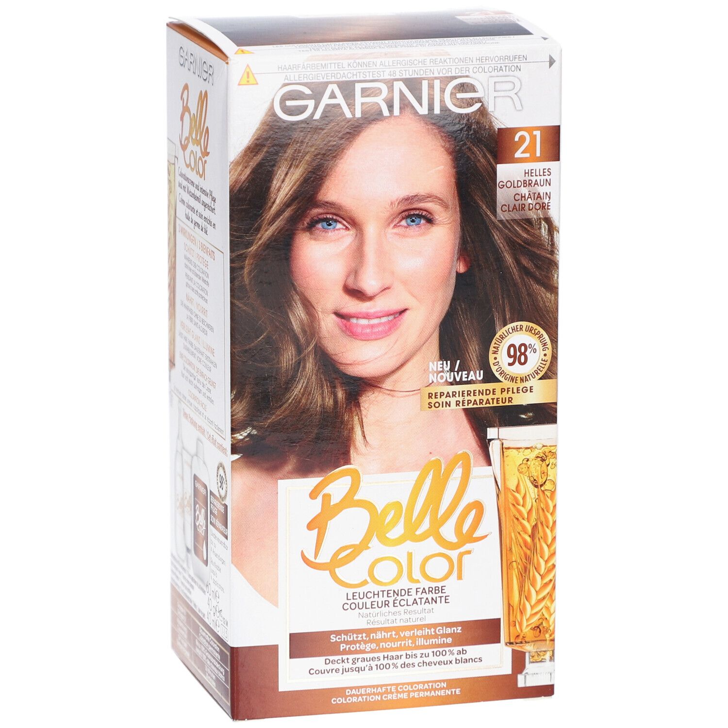 Boîte Garnier Belle Color, couleur N°21 Gold-Hellkastanienbraun. Femme aux cheveux bruns. Soin réparateur 98%.