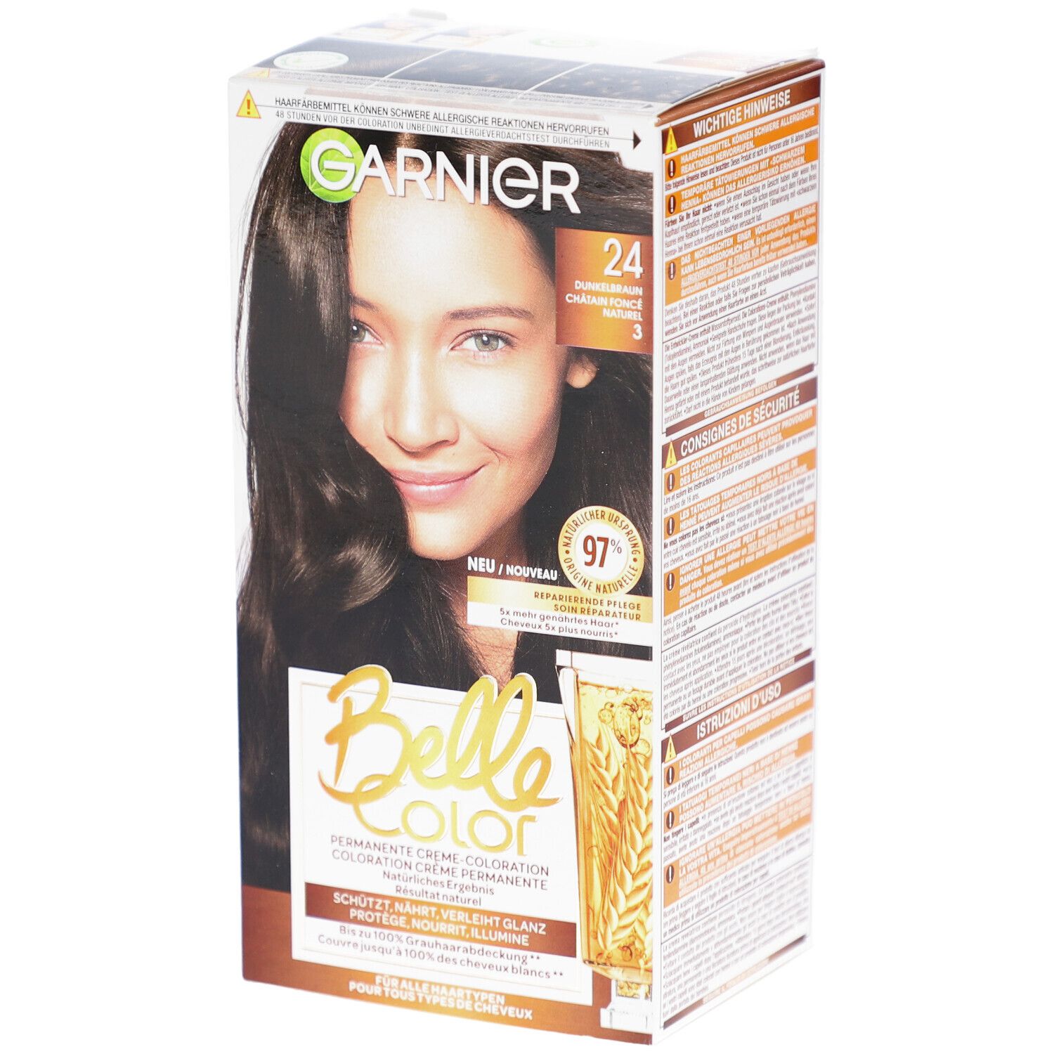Boîte de Belle Color brun foncé. Garnier, Belle Color, numéro de couleur 24. Femme aux cheveux bruns. Inscriptions : Nouveau, 97% Soin réparateur.
