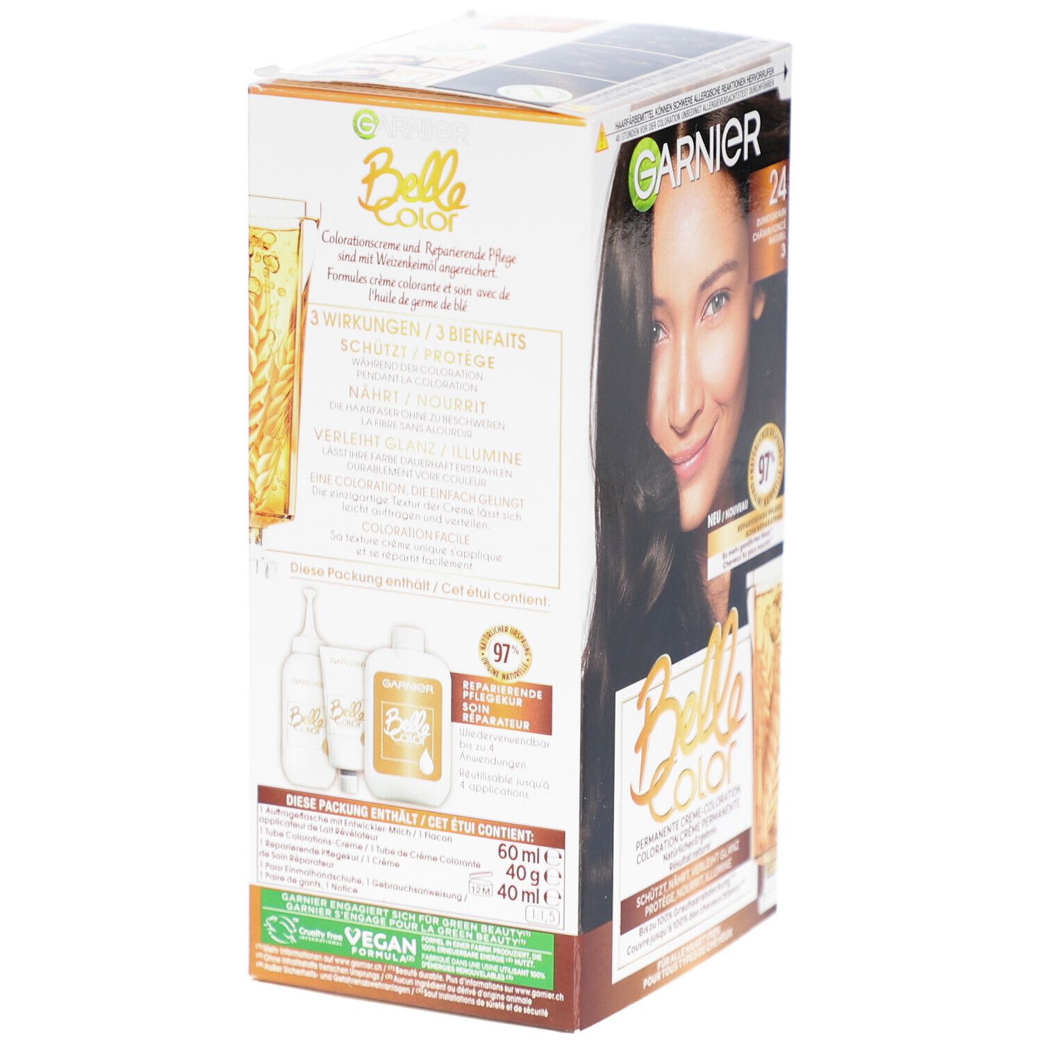Dos de la boîte Belle Color. Garnier, Belle Color. Contient 60ml, 40g et 40ml. Label Vegan. 3 effets : protection, soin, brillance. 97% Soin réparateur.