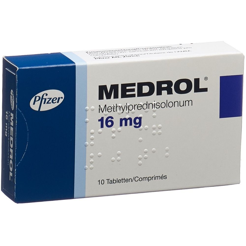 Kartonpackung mit MEDROL 16 mg Tabletten. Weißer Karton mit blauer Ecke und Schriftzug MEDROL. 16 mg ist ebenfalls angegeben.