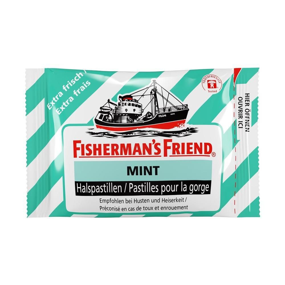 Verpackung mit Fisherman's Friend Mint Halspastillen. Abbildung eines Schiffs. Text: Extra frisch, Mint, Halspastillen, Empfohlen bei Husten.