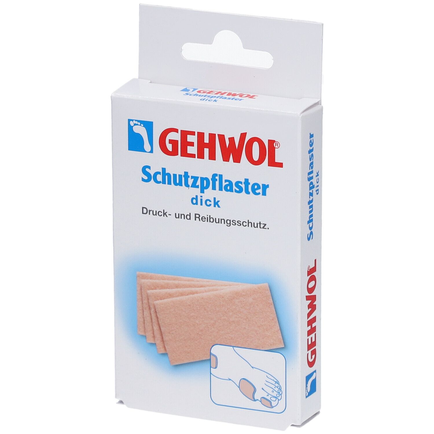 Verpackung mit GEHWOL Schutzpflaster. Zeigt das Produkt und eine Illustration eines Fußes. Dickes Pflaster für Druck- und Reibungsschutz.