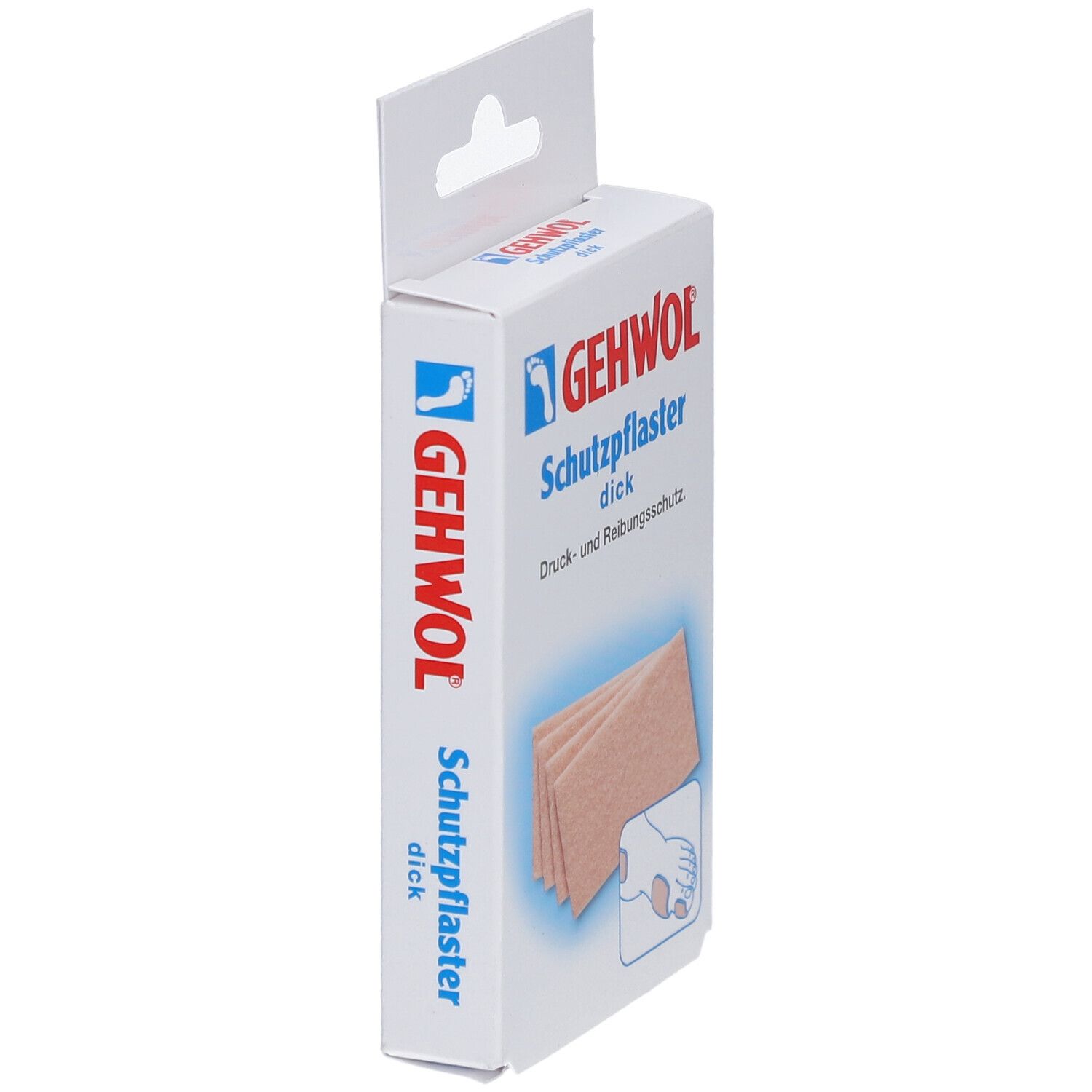 Seitenansicht der Verpackung mit GEHWOL Schutzpflaster. Zeigt das Produkt und eine Illustration. Dickes Pflaster für Druck- und Reibungsschutz.