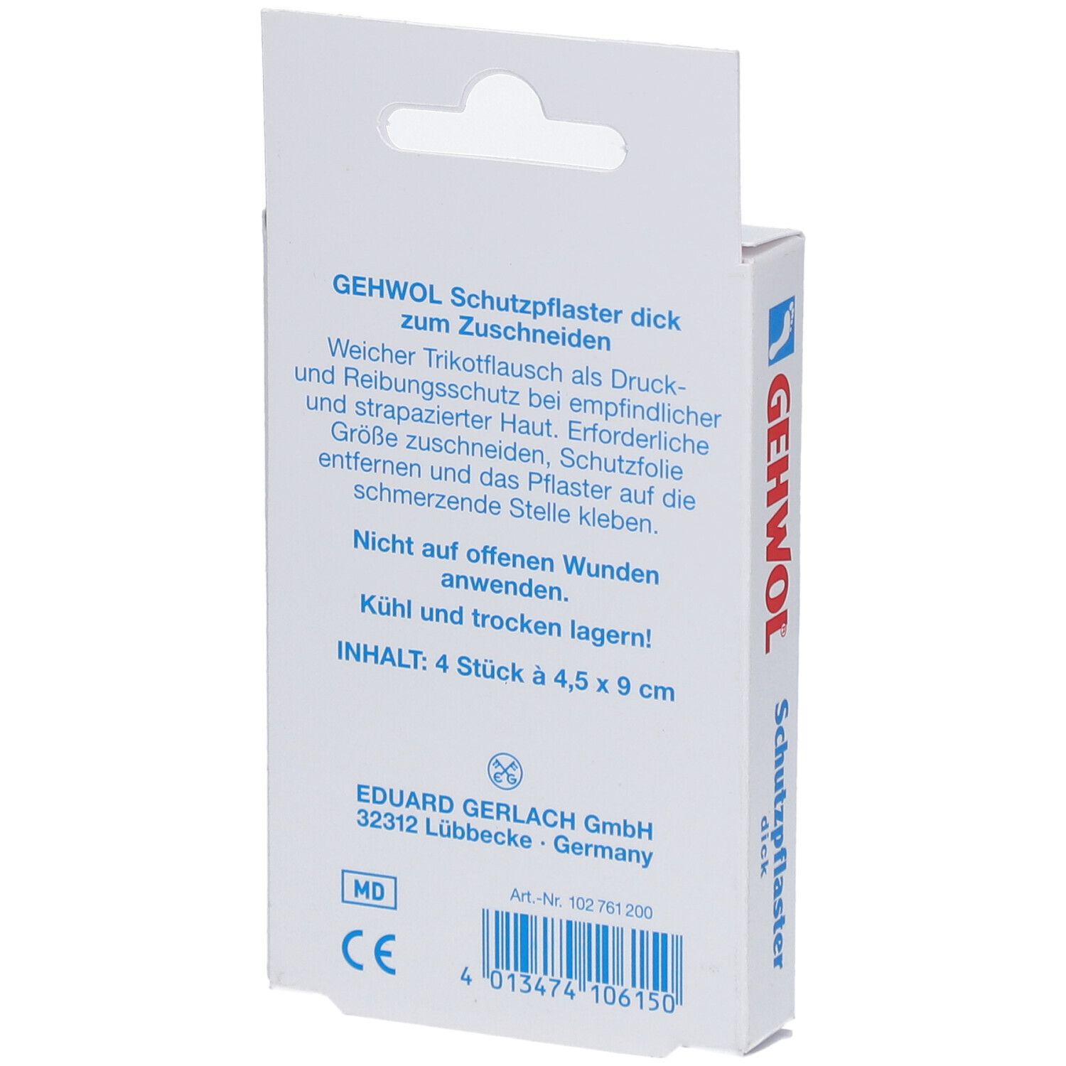 Rückseite der Verpackung mit GEHWOL Schutzpflaster. Enthält Textinformationen, Inhaltsangabe und Herstellerdetails. CE-Kennzeichnung.