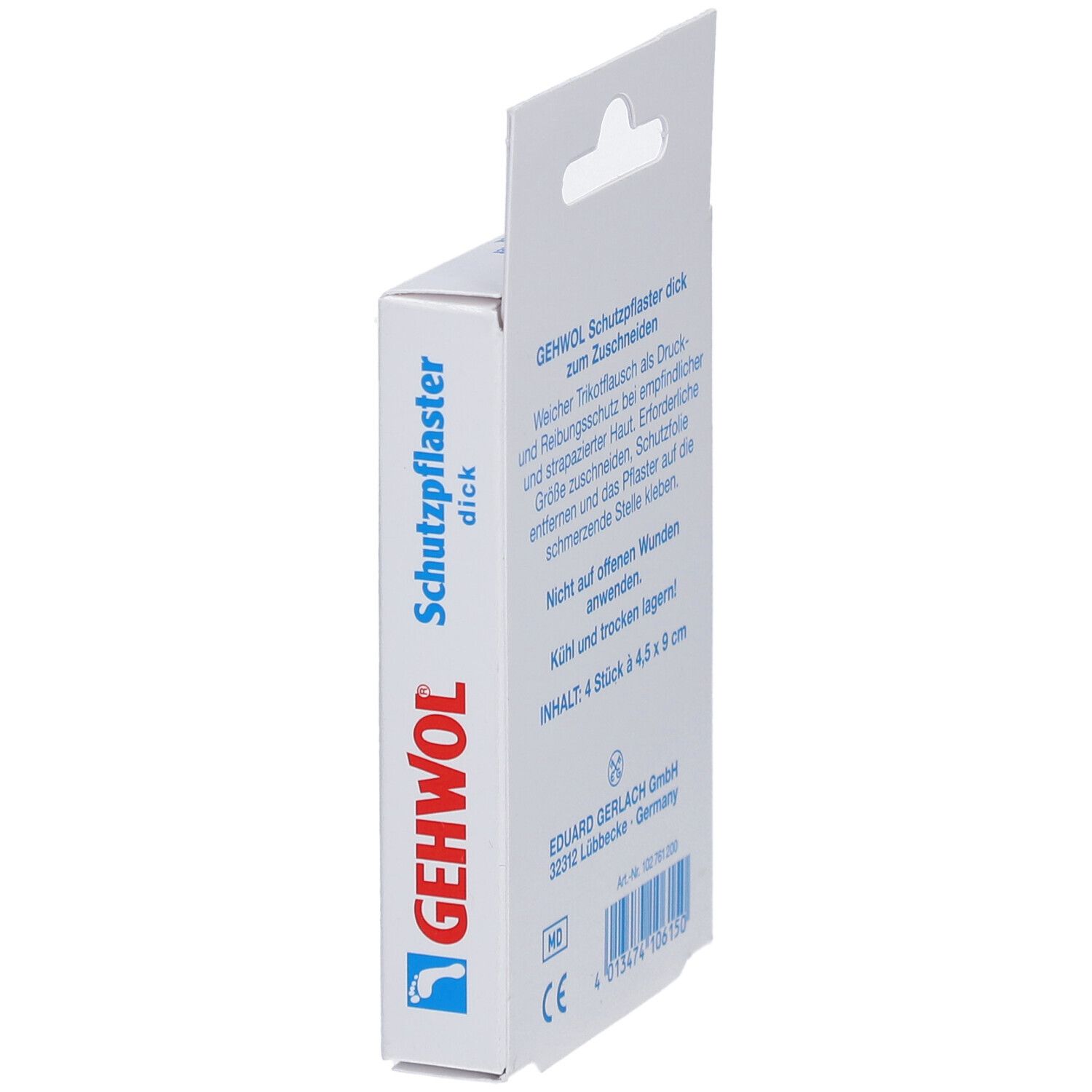 Seitenansicht der Verpackung mit GEHWOL Schutzpflaster. Enthält Textinformationen und Herstellerdetails. CE-Kennzeichnung.