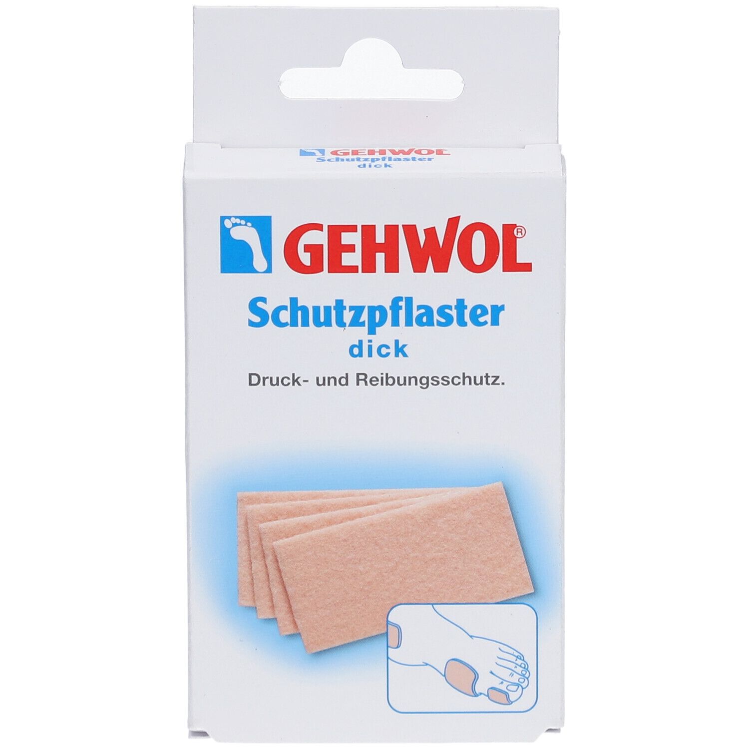 Verpackung mit GEHWOL Schutzpflaster. Zeigt das Produkt und eine Illustration eines Fußes. Dickes Pflaster für Druck- und Reibungsschutz.