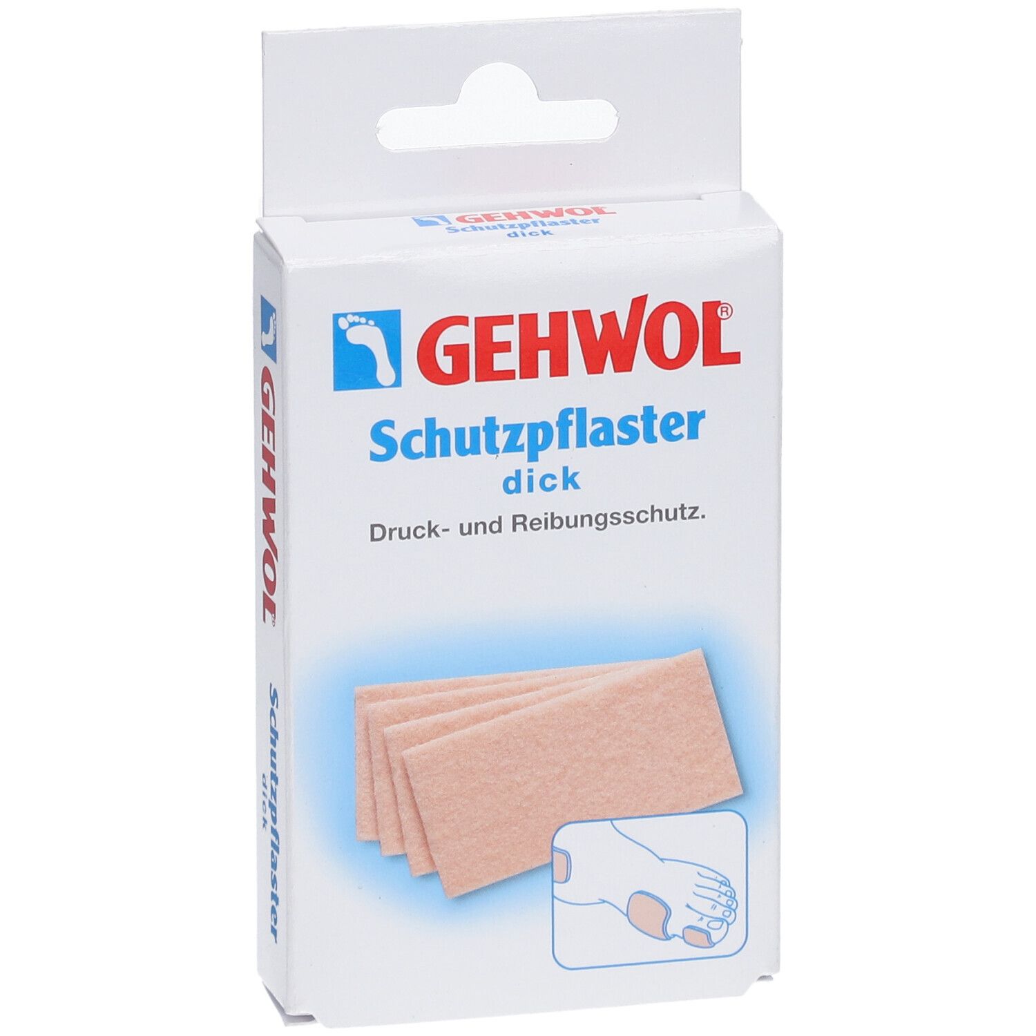 Verpackung mit GEHWOL Schutzpflaster. Zeigt das Produkt und eine Illustration eines Fußes. Dickes Pflaster für Druck- und Reibungsschutz.