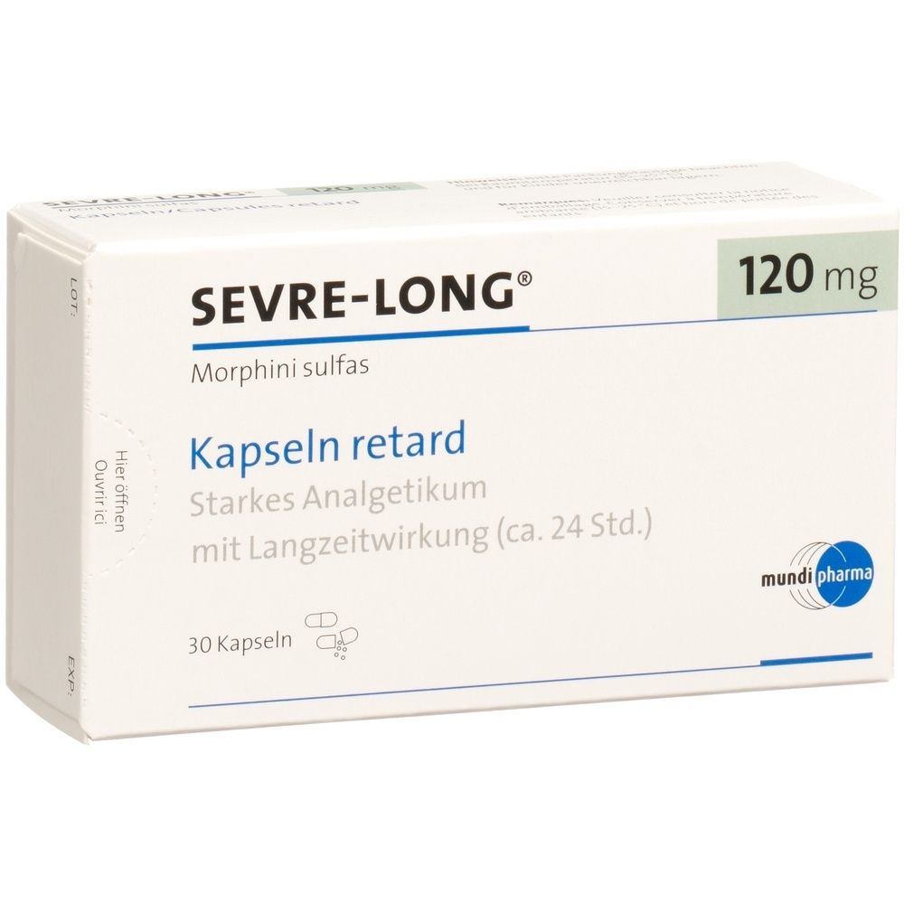 Weiße rechteckige Schachtel mit Produktnamen und Angaben. Blaue Markierung rechts unten. Text: SEVRE-LONG Ret Kaps 120 mg.