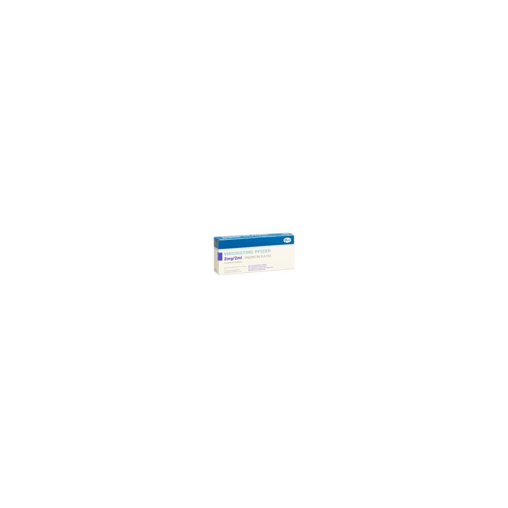 Karton mit blauer und weißer Beschriftung. Aufschrift: Vincristine Pfizer 2 mg/2ml. 5 Durchstf 2 ml.