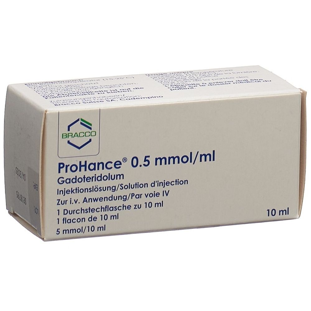 Kartonverpackung mit Produktinformationen. Aufschrift: PROHANCE Inj Lös 5 mmol/10ml Durchstfl. Logo oben links.