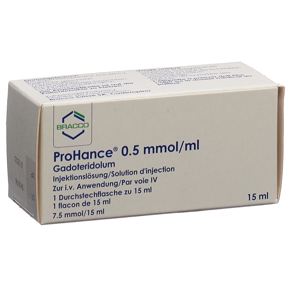 Karton mit Produktaufdruck. Aufschrift: ProHance 0.5 mmol/ml, Gadoteridolum, Injektionslösung. 1 Durchstechflasche zu 15 ml. Marke: BRACCO.