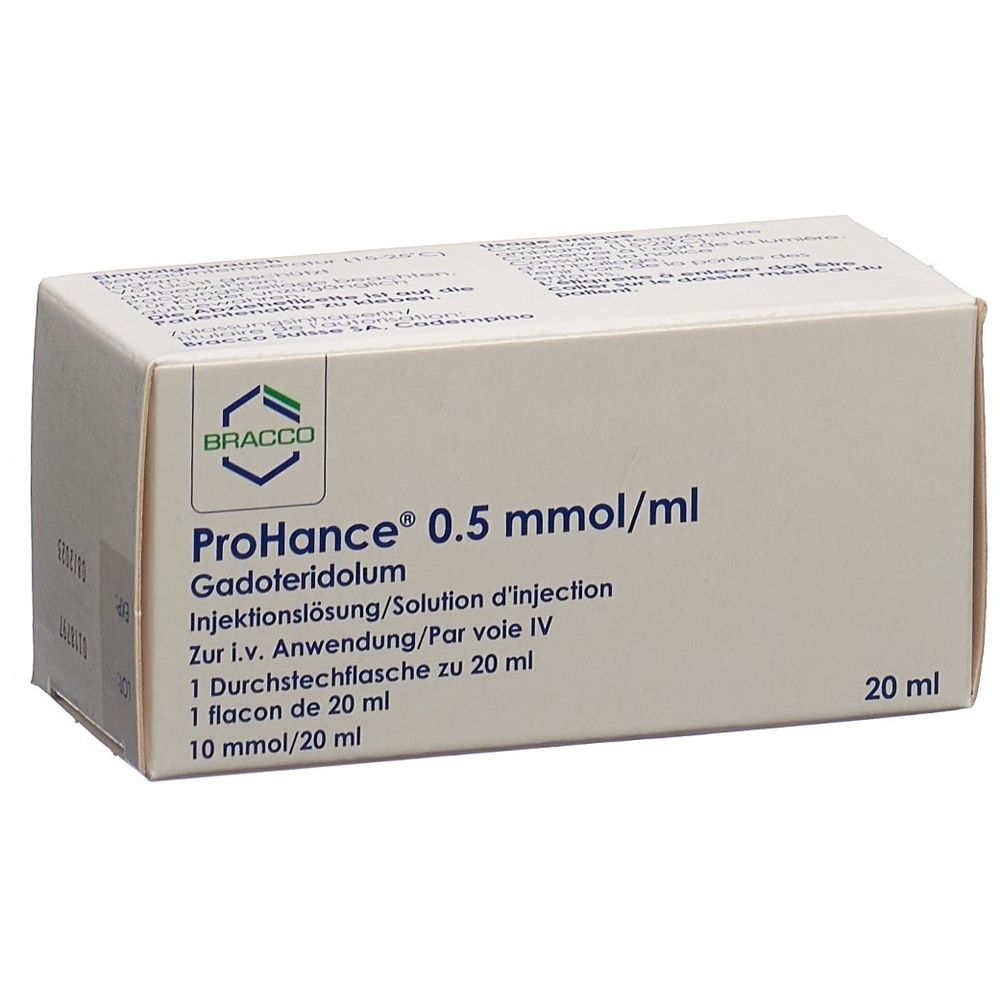 Karton mit Aufschrift ProHance 0.5 mmol/ml. Enthält Injektionslösung. Marke Bracco. 20 ml Flasche. Gadoteridolum.