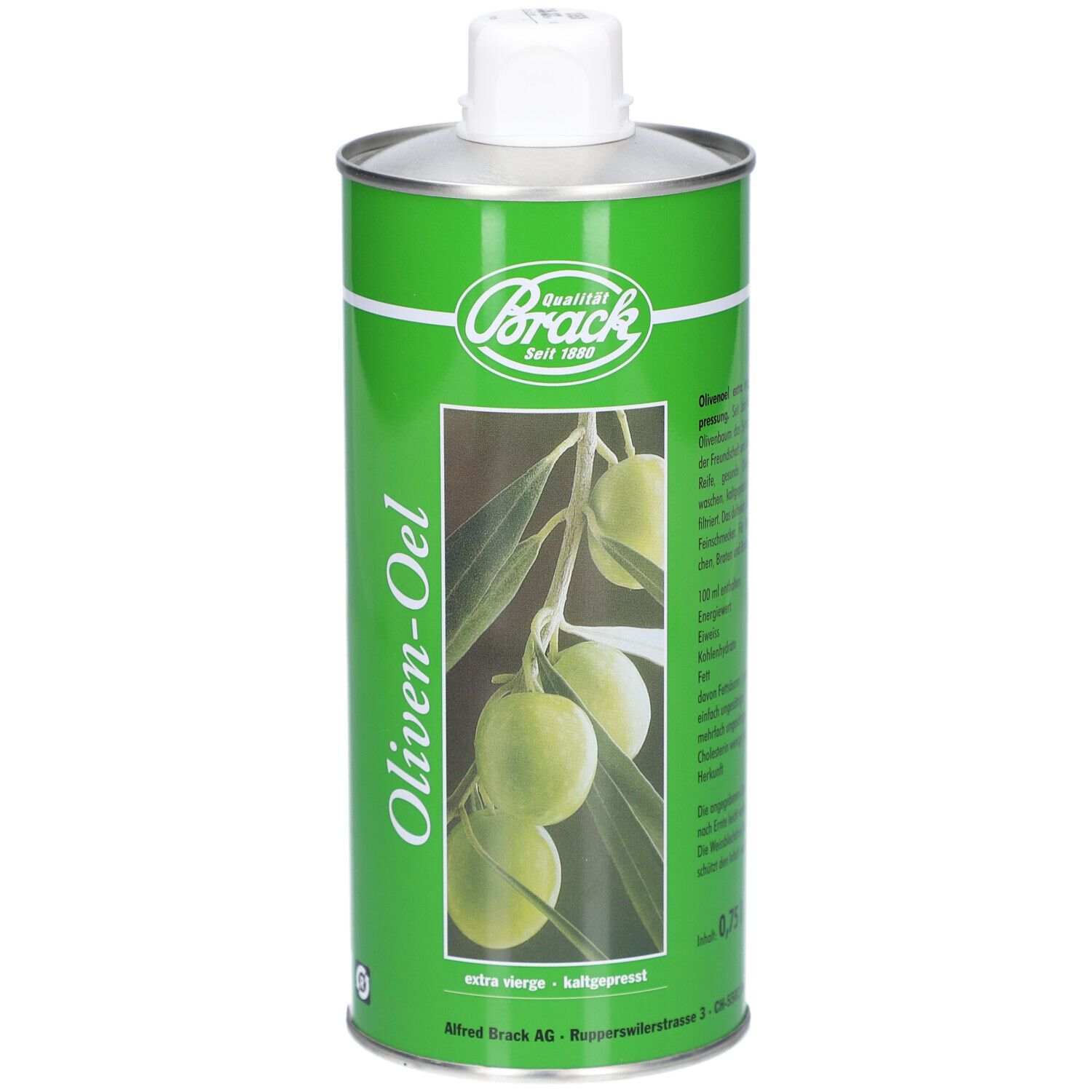 Grüne Metallflasche mit Oliven-Oel-Etikett. Marke: Brack. Abbildung von Oliven und Zweigen. Deckel weiß. 0,75 l.