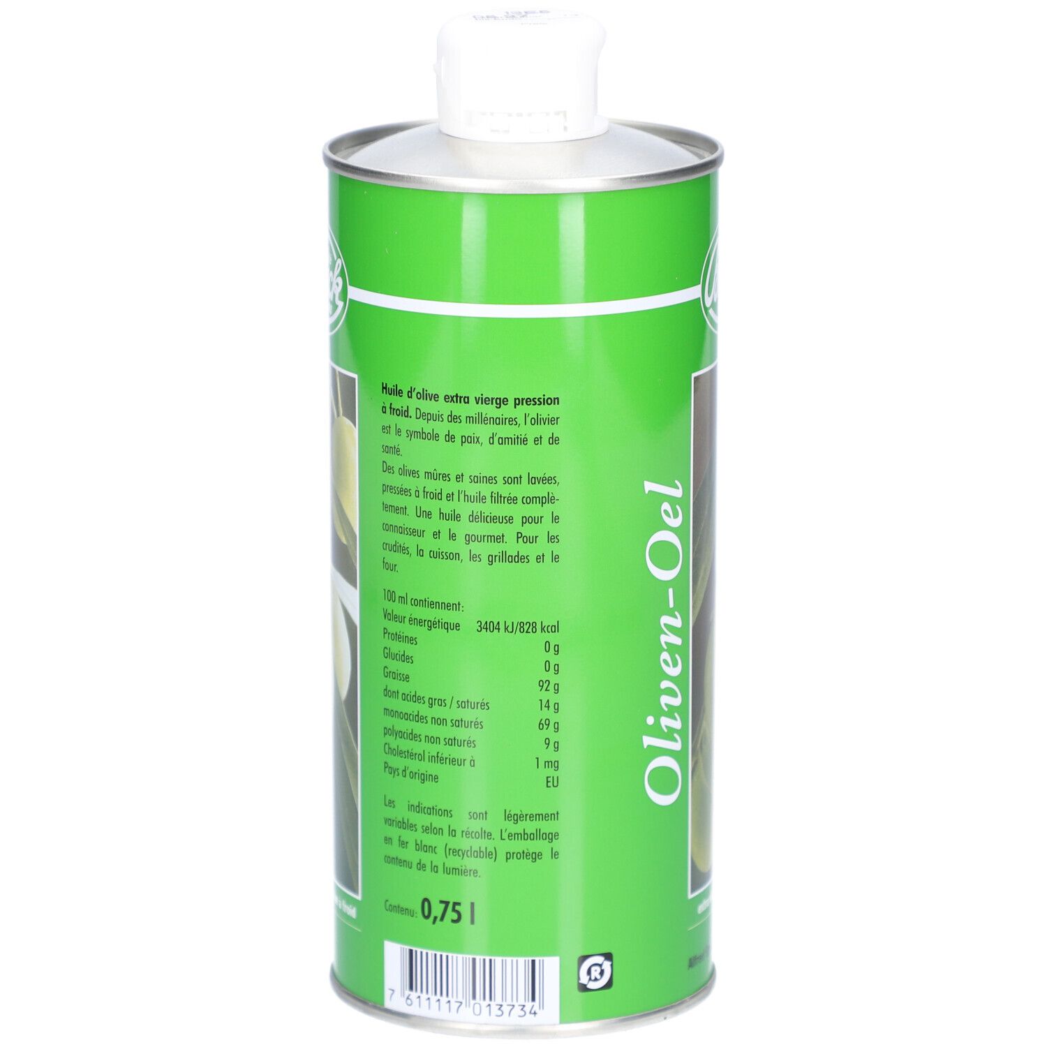 Rückseite der grünen Metallflasche. Text in Deutsch und Französisch. Nährwertangaben. 0,75 l. Marke: Brack.